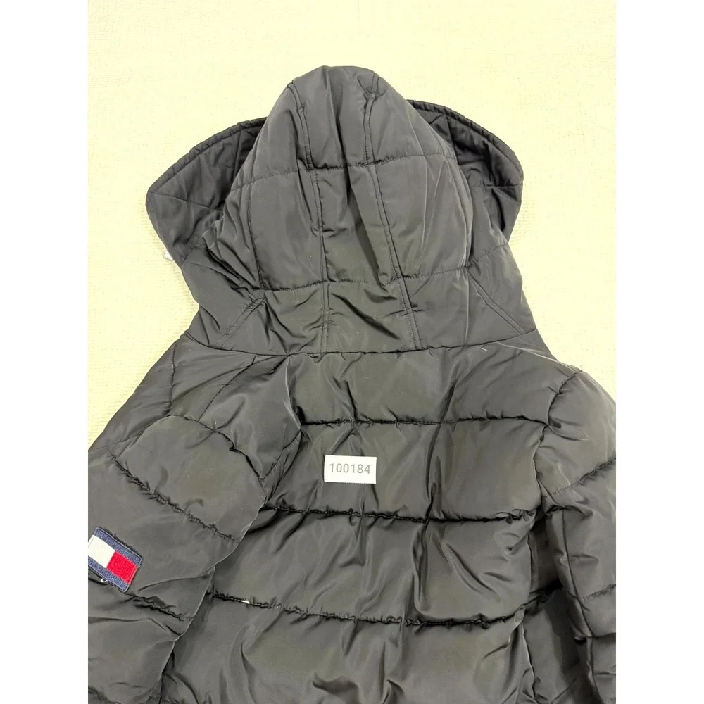 Tommy Hilfiger Puffer Jacket Womens Small Black Lined Hooded Logo Outdoor Zip Up
